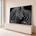 Quadro Decorativo Grande Duas Zebras para Sala Preto | quadros decorativos para sala | duas zebras entrelaçadas em preto e branco com listras detalhadas sobre fundo escuro | em Quadros para Sala | Porao dos Quadros