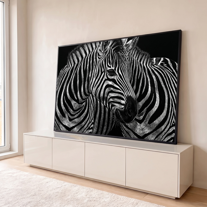 Quadro Decorativo Grande Duas Zebras para Sala Preto | quadros decorativos para sala | duas zebras entrelaçadas em preto e branco com listras detalhadas sobre fundo escuro | em Quadros para Sala | Porao dos Quadros