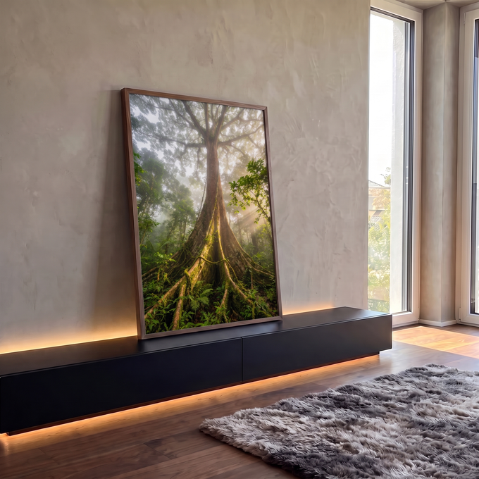 Quadro Decorativo Grande Árvore da Vida para Sala Verde | quadros decorativos para sala | árvore gigante com raízes tabulares cobertas de musgo em floresta com neblina e raios de sol | em Quadros para Sala | Porao dos Quadros