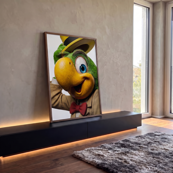 Papagaio verde de bico amarelo com chapéu, paletó bege e gravata vermelha em arte 3D, quadro decorativo