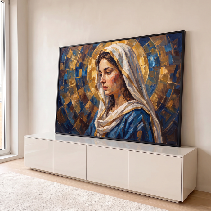 Quadro Decorativo Grande Nossa Senhora Azul para Sala Azul | quadros decorativos para sala | mulher de véu branco e manto azul com halo dourado em estilo mosaico | em Quadros para Sala | Porao dos Quadros