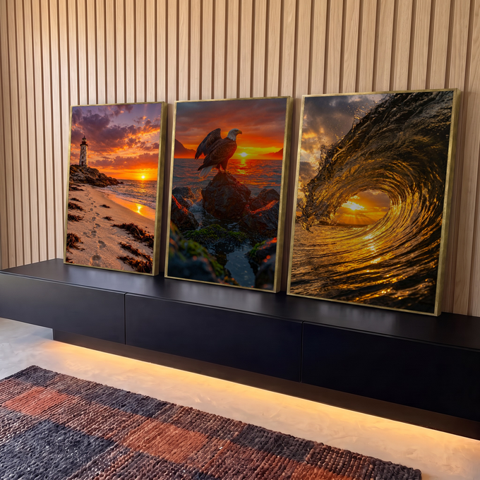 Quadro Decorativo Kit 3 Telas Farol Águia para Sala Laranja | quadros decorativos para sala | farol, águia e onda em três cenas de pôr do sol laranja e dourado | em Quadros para Sala | Porao dos Quadros