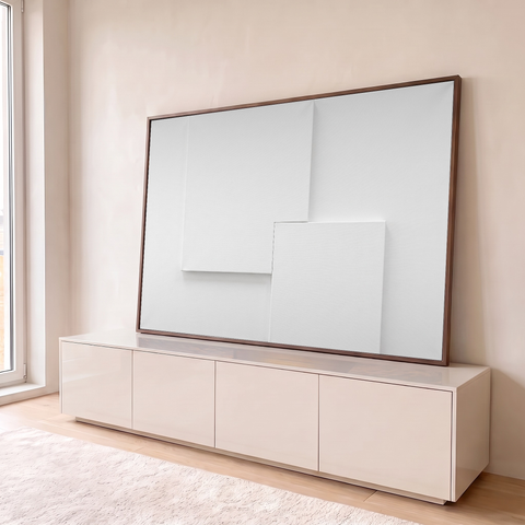 Telas brancas quadradas sobrepostas em relevo com sombras sutis, composição minimalista, quadro decorativo