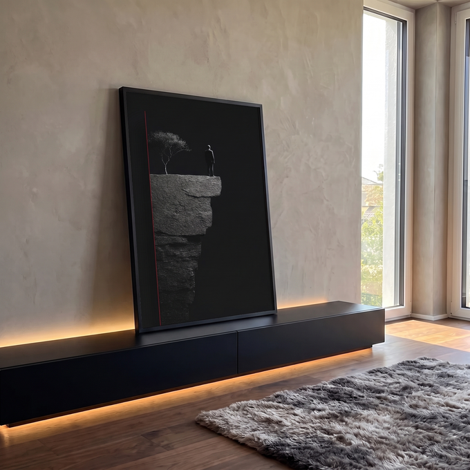 Homem de terno na beira de penhasco com árvore solitária, fundo preto e linha vermelha, quadro decorativo