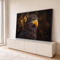 Quadro Decorativo Grande Águia de Bico para Sala Marrom | quadros decorativos para sala | retrato de águia em pintura a óleo com bico amarelo e fundo dourado desfocado | em Quadros para Sala | Porao dos Quadros