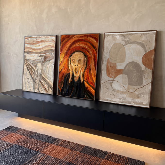 Quadro Decorativo Kit 3 Telas Grito Edvard Munch para Sala | quadros decorativos para sala | três telas com O Grito de Munch em sépia e laranja e painel abstrato terroso | em Quadros para Sala | Porao dos Quadros