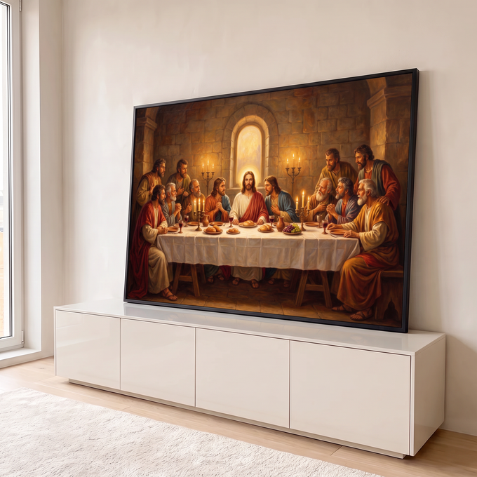 Quadro Decorativo Grande Santa Ceia de Jesus para Sala | quadros decorativos para sala | pintura da Santa Ceia com Jesus e apóstolos reunidos à mesa em tons dourados | em Quadros para Sala | Porao dos Quadros
