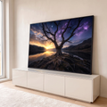 Quadro Decorativo Grande Árvore Seca para Sala Roxo | quadros decorativos para sala | árvore seca silhueta entre pôr do sol dourado e céu noturno roxo estrelado | em Quadros para Sala | Porao dos Quadros
