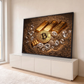 Quadro Decorativo Grande Barras de Ouro para Escritório | quadros decorativos para sala | barras de ouro, moeda de Bitcoin e diamantes sobre areia dourada | em Quadros para Escritório | Porao dos Quadros