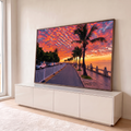 Quadro Decorativo Grande Pôr do Sol Praia para Sala | quadros decorativos para sala | avenida litorânea com coqueiros e céu alaranjado ao pôr do sol | em Quadros para Sala | Porao dos Quadros