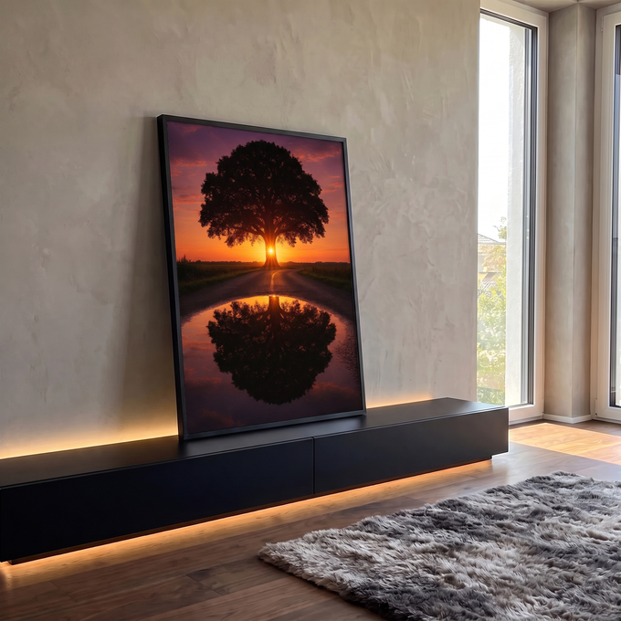 Quadro Decorativo Grande Árvore Refletida na Poça para Sala | quadros decorativos para sala | árvore em silhueta com sol atrás do tronco refletida em estrada ao entardecer | em Quadros para Sala | Porao dos Quadros