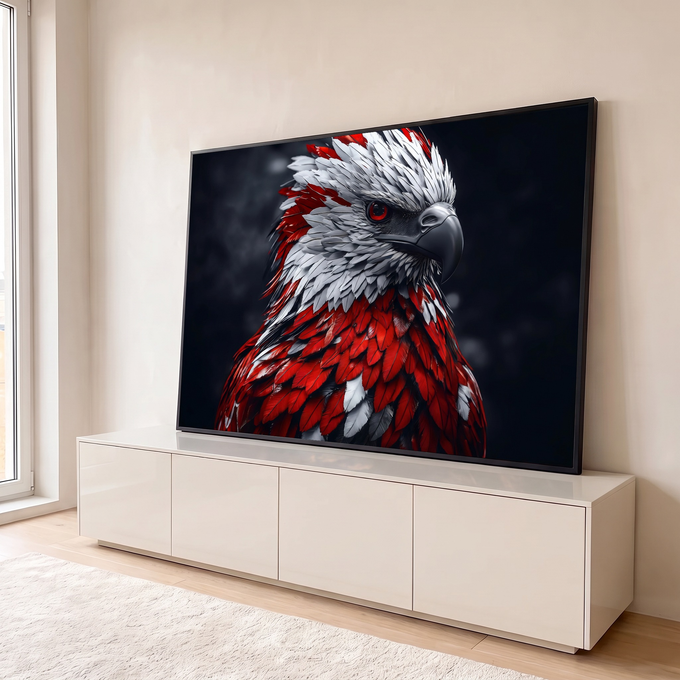 Águia de perfil com penas vermelhas e brancas, olho vermelho e bico cinza em fundo escuro, quadro decorativo