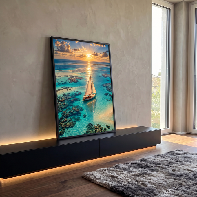 Veleiro em águas turquesa com recifes de coral e pôr do sol dourado, vista aérea, quadro decorativo