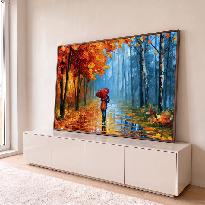 Quadro Decorativo Casal com Guarda-Chuva Vermelho | quadros decorativos para sala | casal caminhando sob guarda-chuva vermelho em floresta de outono com folhas laranja e caminho molhado | em Quadros para Sala | Porao dos Quadros