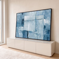 Quadro Decorativo Grande Abstrato e Branco para Sala Azul | quadros decorativos para sala | pintura abstrata em blocos de azul, branco e cinza com linhas finas sobrepostas | em Quadros para Sala | Porao dos Quadros