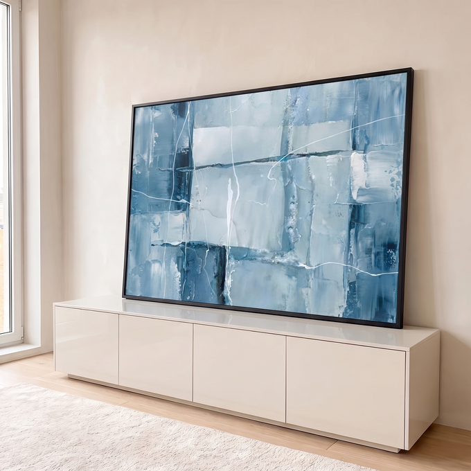 Quadro Decorativo Grande Abstrato e Branco para Sala Azul | quadros decorativos para sala | pintura abstrata em blocos de azul, branco e cinza com linhas finas sobrepostas | em Quadros para Sala | Porao dos Quadros