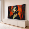 Quadro Decorativo Grande Mulher com Gato para Sala Laranja | quadros decorativos para sala | mulher de olhos fechados segurando gato preto de olhos amarelos, fundo laranja expressivo | em Quadros para Sala | Porao dos Quadros