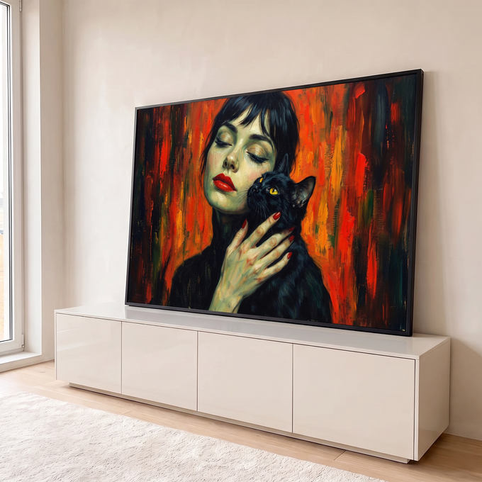 Quadro Decorativo Grande Mulher com Gato para Sala Laranja | quadros decorativos para sala | mulher de olhos fechados segurando gato preto de olhos amarelos, fundo laranja expressivo | em Quadros para Sala | Porao dos Quadros