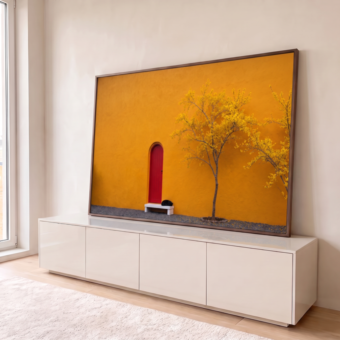 Quadro Decorativo Grande Porta Vermelha para Sala Laranja | quadros decorativos para sala | porta vermelha em arco numa parede laranja com gato preto e árvore amarela | em Quadros para Sala | Porao dos Quadros
