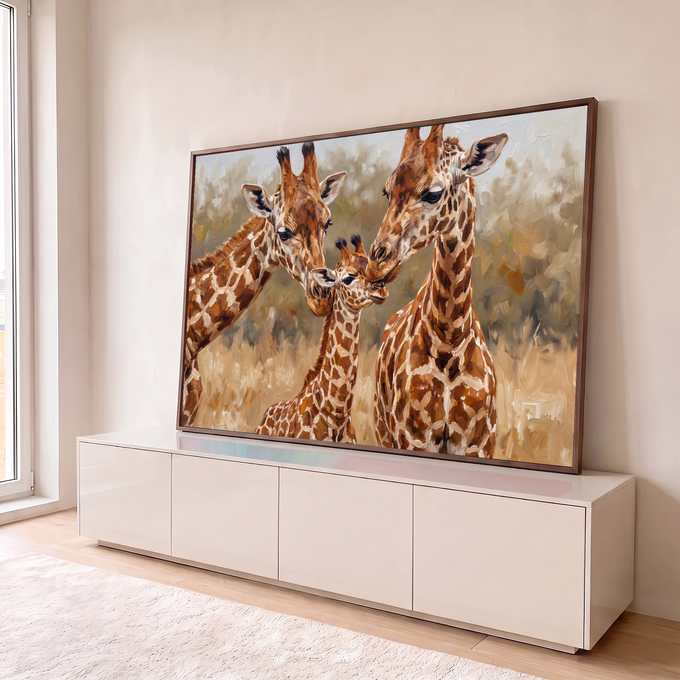 Quadro Decorativo Grande Família de Girafas Savana para Sala | quadros decorativos para sala | três girafas, duas adultas e um filhote, se tocando com os focinhos em pintura a óleo | em Quadros para Sala | Porao dos Quadros