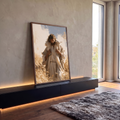 Quadro Decorativo Bom Pastor com Cordeiro no Campo de Trigo | quadros decorativos para sala | homem carregando cordeiro branco nos ombros em campo de trigo dourado | em Quadros para Sala | Porao dos Quadros