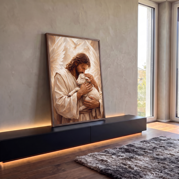 Quadro Decorativo Grande Jesus Abraçando para Sala Bege | quadros decorativos para sala | homem de manto branco beijando cordeiro branco com pomba voando ao fundo dourado | em Quadros para Sala | Porao dos Quadros