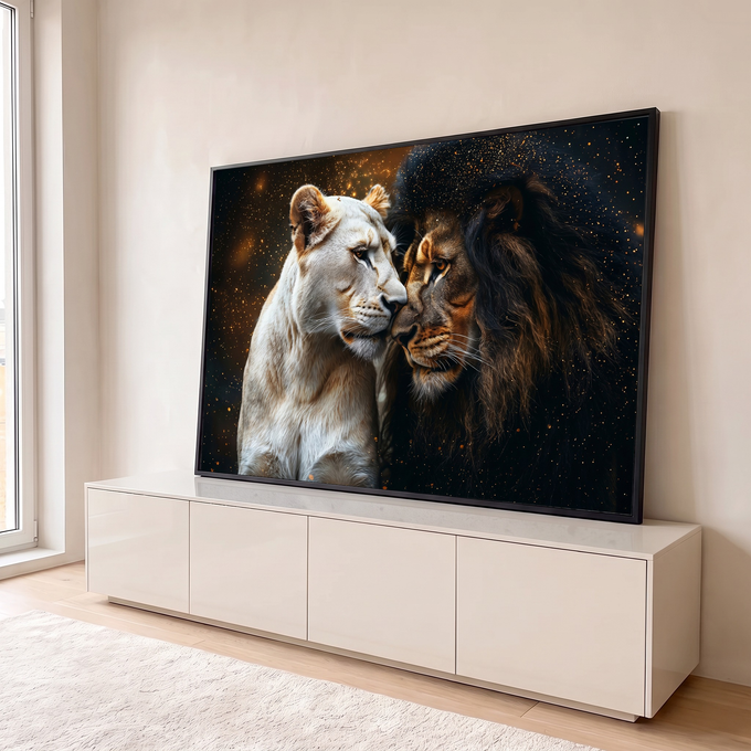 Quadro Decorativo Grande Casal de Leões para Sala Preto | quadros decorativos para sala | leoa branca e leão escuro focinho a focinho com fundo de poeira dourada | em Quadros para Sala | Porao dos Quadros