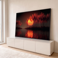 Quadro Decorativo Grande Pôr do Sol Floresta para Sala | quadros decorativos para sala | pôr do sol amarelo atrás de pinheiros vermelhos refletidos na água escura | em Quadros para Sala | Porao dos Quadros