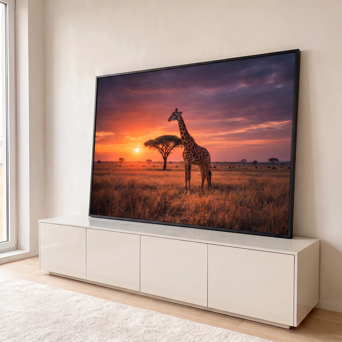 Girafa ao lado de acácia na savana africana, com sol se pondo e céu laranja e roxo, quadro decorativo
