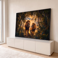 Quadro Decorativo Grande Família de Leões Floresta para Sala | quadros decorativos para sala | dois leões adultos e dois filhotes em floresta ao entardecer | em Quadros para Sala | Porao dos Quadros