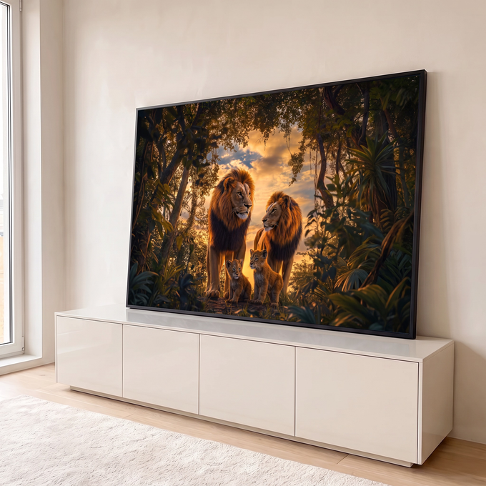 Quadro Decorativo Grande Família de Leões Floresta para Sala | quadros decorativos para sala | dois leões adultos e dois filhotes em floresta ao entardecer | em Quadros para Sala | Porao dos Quadros