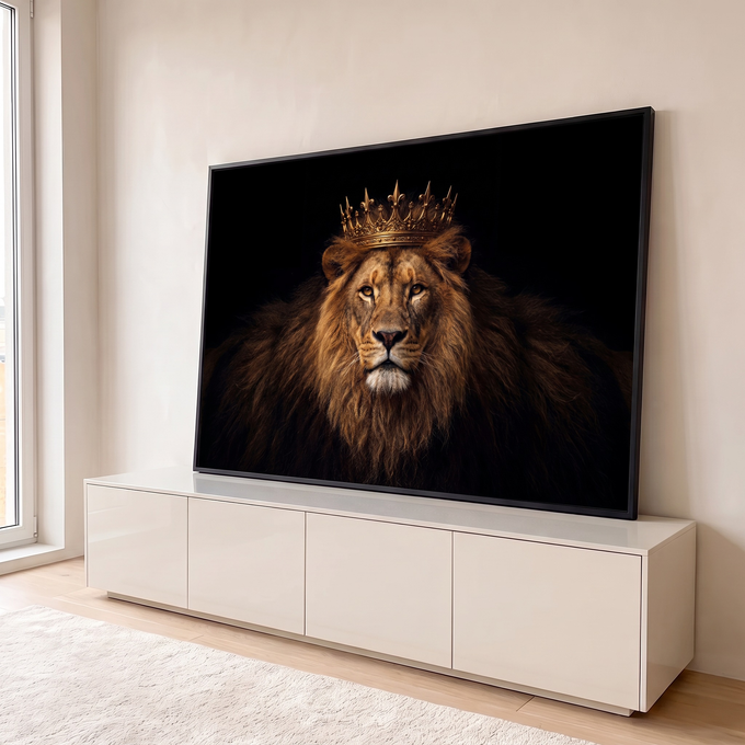 Leão de frente com coroa dourada e juba volumosa sobre fundo preto, olhar firme, quadro decorativo