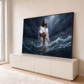 Jesus Cristo segurando a mão de quem afunda no mar em tempestade sob luz divina, quadro decorativo