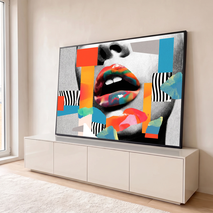 Lábios coloridos sobre rosto em preto e branco com recortes laranja, azuis e listras, quadro decorativo