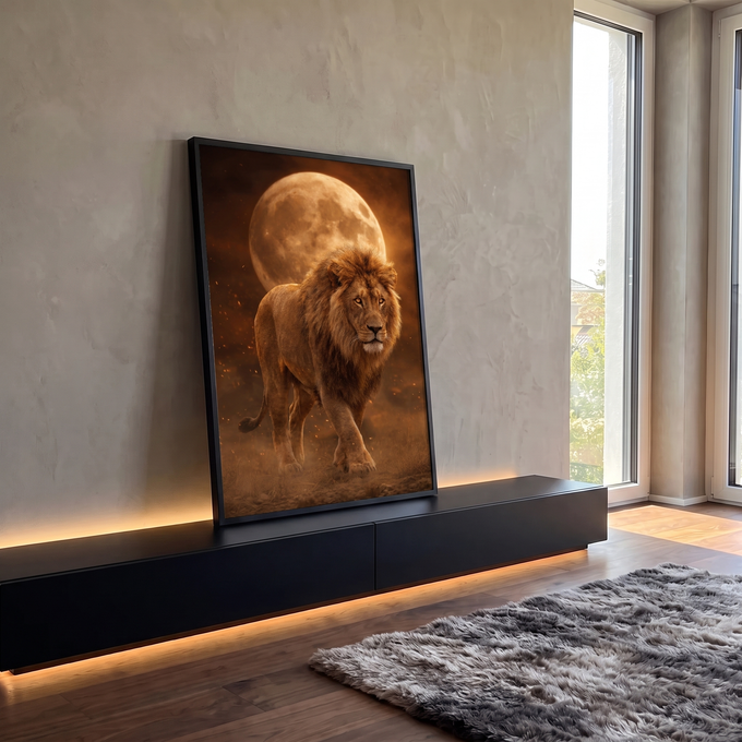 Quadro Decorativo Grande Leão Caminhando para Sala Marrom | quadros decorativos para sala | leão caminhando com juba dourada diante de uma lua gigante em tons âmbar | em Quadros para Sala | Porao dos Quadros