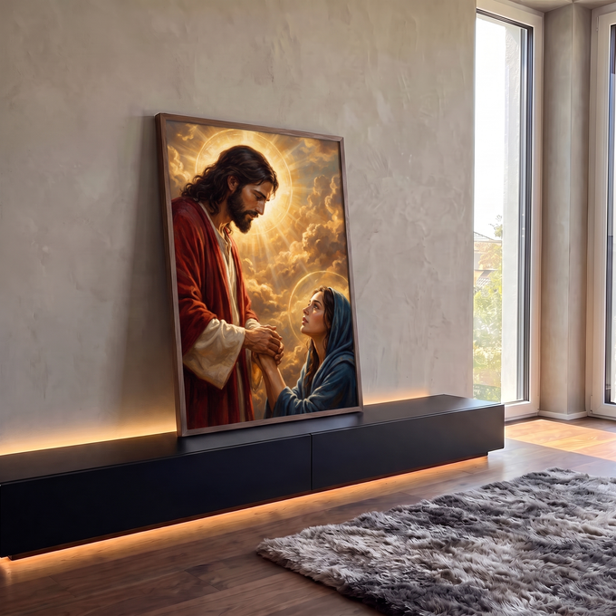 Quadro Decorativo Grande Jesus Segurando para Sala Dourado | quadros decorativos para sala | Jesus de manto vermelho segura as mãos de mulher com véu azul sob céu dourado | em Quadros para Sala | Porao dos Quadros