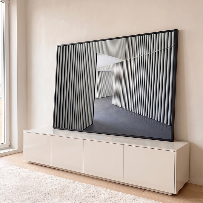 Quadro Decorativo Grande Corredor de Ripas para Sala Preto | quadros decorativos para sala | corredor arquitetônico com ripas verticais em preto e branco e piso de concreto | em Quadros para Sala | Porao dos Quadros