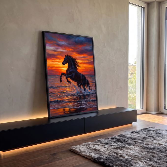 Cavalo preto empinado nas ondas do mar sob pôr do sol laranja em pintura a óleo, quadro decorativo
