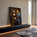 Quadro Decorativo Grande Mona Lisa ao Lado para Sala Azul | quadros decorativos para sala | mulher estilo Mona Lisa com metade do rosto em Noite Estrelada ao lado de Van Gogh pintando | em Quadros para Sala | Porao dos Quadros