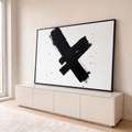 Quadro Decorativo Grande Pinceladas Pretas para Sala Preto | quadros decorativos para sala | pinceladas pretas largas formando um X sobre fundo branco com respingos | em Quadros para Sala | Porao dos Quadros