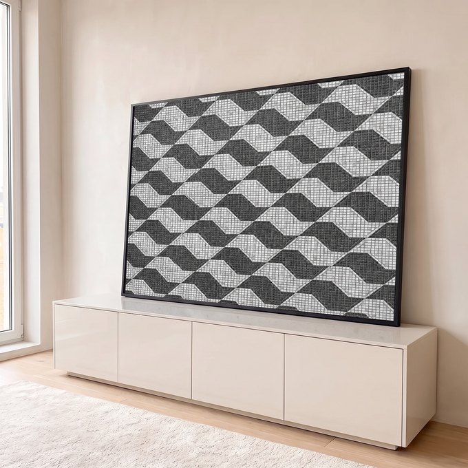 Quadro Decorativo Grande Mosaico Geométrico para Sala Preto | quadros decorativos para sala | mosaico geométrico em preto, branco e cinza formando losangos repetidos | em Quadros para Sala | Porao dos Quadros