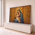 Nossa Senhora de manto azul abraçando o Menino Jesus sobre fundo de espirais douradas, quadro decorativo
