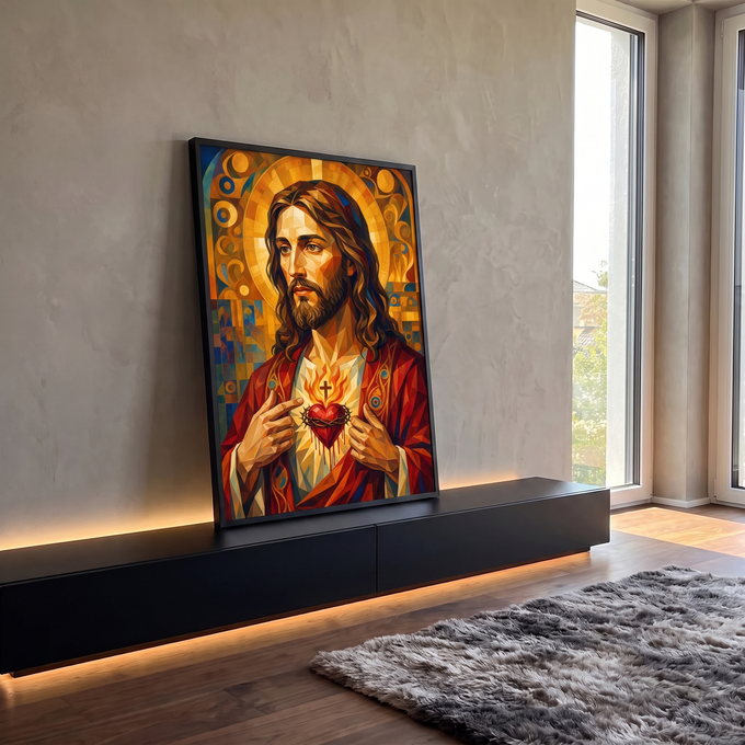 Quadro Decorativo Grande Sagrado Coração Cruz para Sala | quadros decorativos para sala | Jesus Cristo com Sagrado Coração em chamas, estilo geométrico dourado e vermelho | em Quadros para Sala | Porao dos Quadros