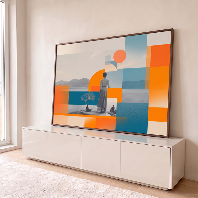 Quadro Decorativo Grande Mulher Observando para Sala Laranja | quadros decorativos para sala | mulher de costas observando o mar em colagem geométrica laranja e azul | em Quadros para Sala | Porao dos Quadros