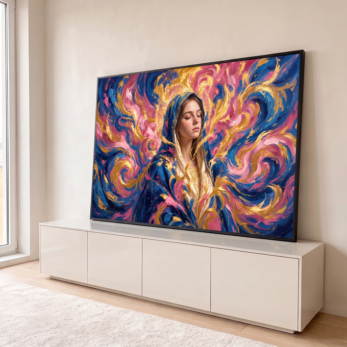 Nossa Senhora de olhos fechados, manto azul e auréola dourada em espirais rosa e ouro, quadro decorativo
