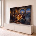 Jesus e os apóstolos na Santa Ceia à luz de velas, arcos de pedra e Jerusalém ao fundo, quadro decorativo