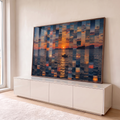 Quadro Decorativo Grande Pôr do Sol Mar para Sala Laranja | quadros decorativos para sala | pôr do sol fragmentado em mosaico com barco de pesca e montanhas ao fundo | em Quadros para Sala | Porao dos Quadros