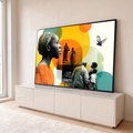 Quadro Decorativo Grande Colagem Fotográfica para Sala | quadros decorativos para sala | colagem fotográfica em preto e branco com retrato de mulher e círculos coloridos sobrepostos | em Quadros para Sala | Porao dos Quadros