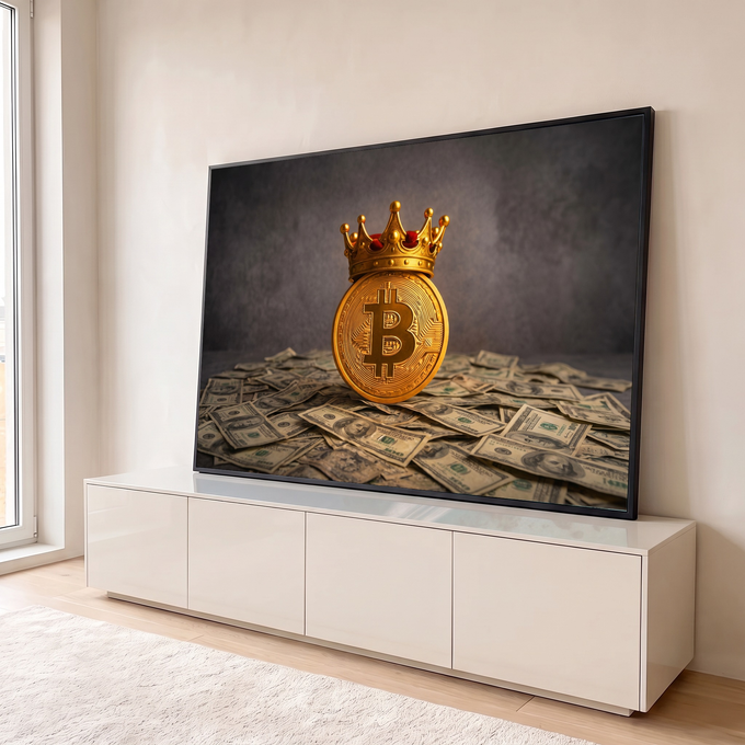 Moeda de Bitcoin dourada com coroa de rei sobre notas de dólar em fundo cinza escuro, quadro decorativo