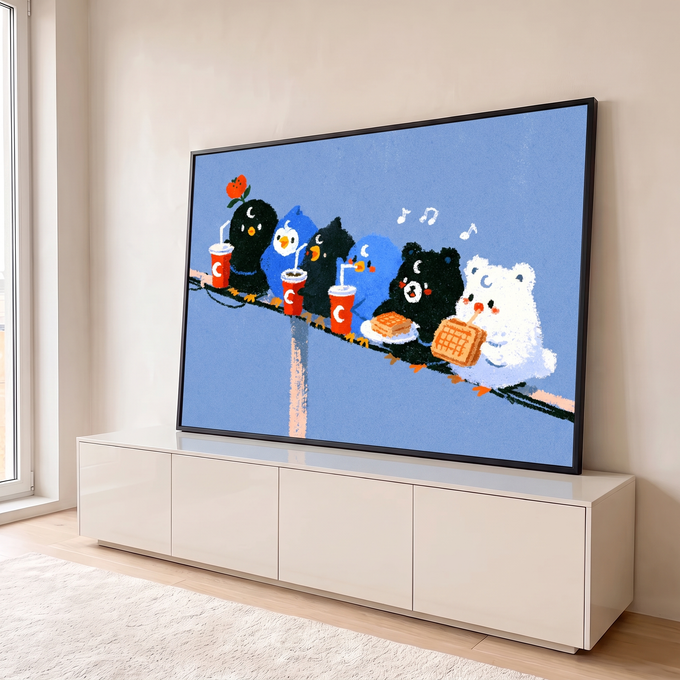 Quadro Decorativo Bichinhos Fofos no Fio Comendo Waffle | quadros decorativos para sala | pássaros e ursinhos fofos sentados em fio comendo waffle e tomando refrigerante | em Quadros para Quarto de Bebe | Porao dos Quadros